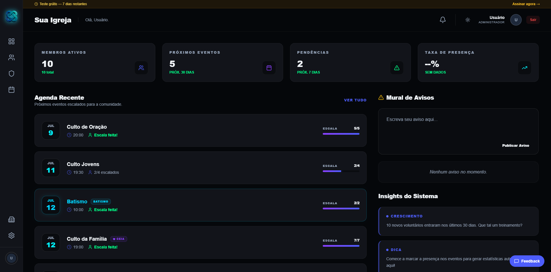 Tela de Dashboard do Organizee